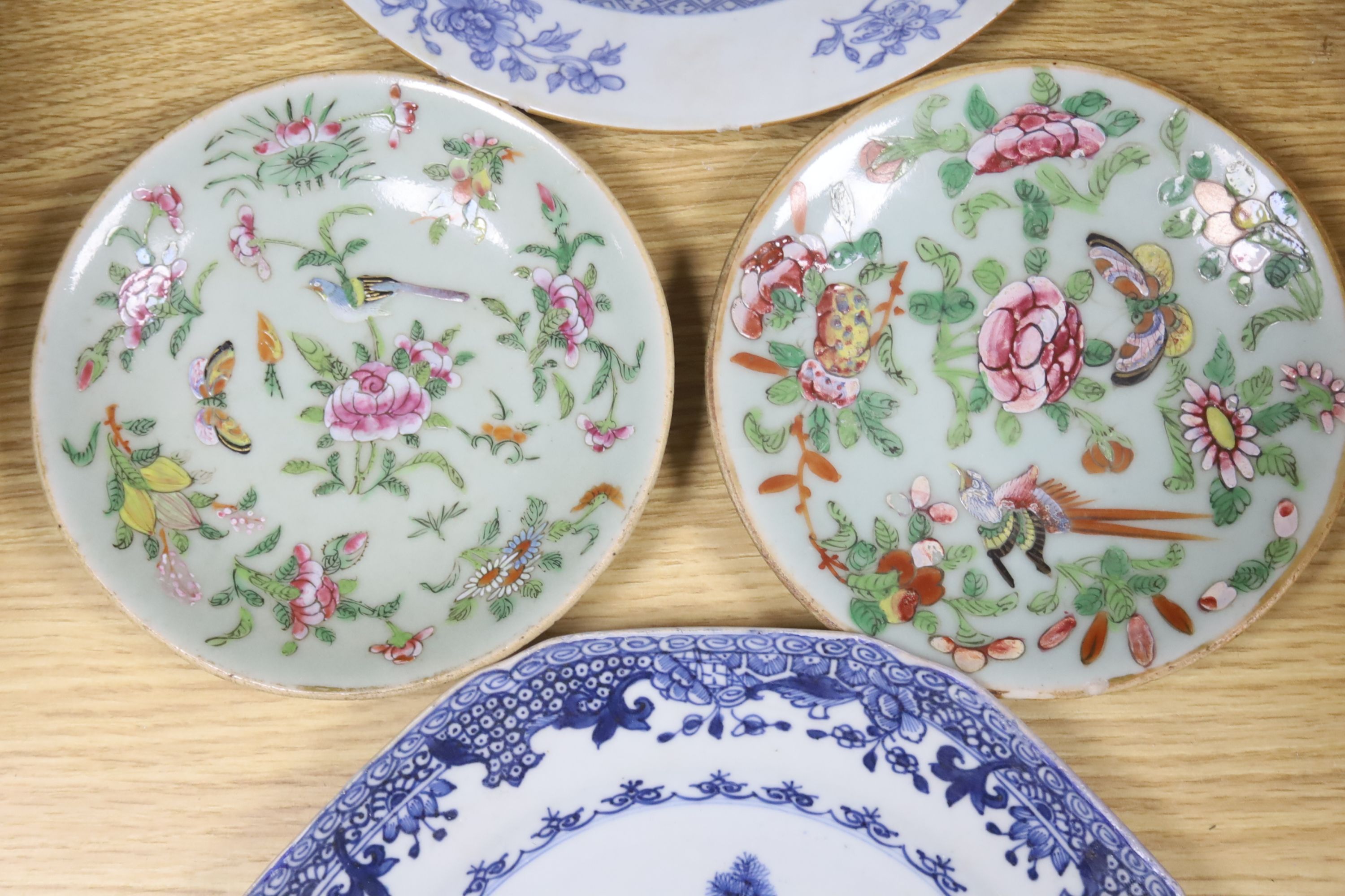 Two Chinese blue and white dishes, a famille rose vase and two Cantonese dishes, largest 23cm